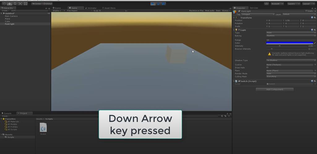 Switching Light On UP And Down Arrow Keys Using C# Scripts In Unity